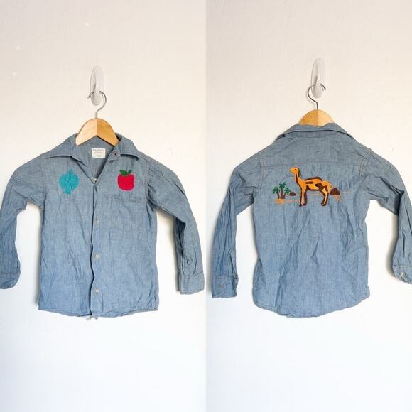 Vintage OshKosh B'Gosh Chambray Denim Button Shirt Embroidered Kids 5 Retro - Picture 1 of 7